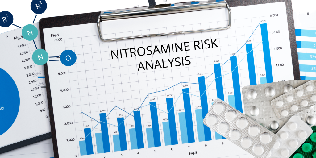 Graph showing nitrosamine risk analysis, highlighting EMA guidelines, presence of carcinogenic impurities like NDMA and NDEA, and steps for mitigating risk in active substances. Nitrosamines