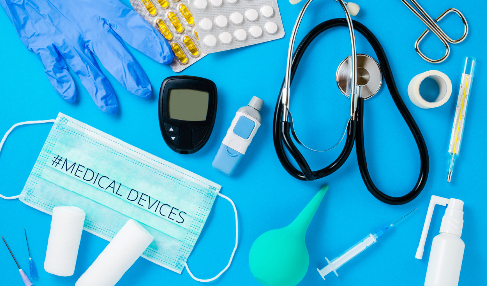 Medical devices including a surgical mask, syringe, gloves, and glucose meter, representing key products under the EU Medical Device Regulation (MDR)