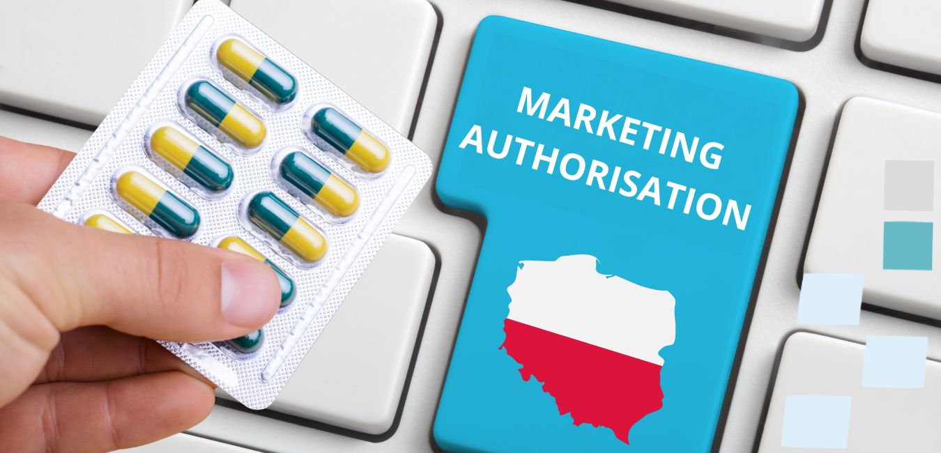 A human hand holding a blister with pills and in the background a computer keyboard with the "Marketing authorization" button with the Polish flag on it.