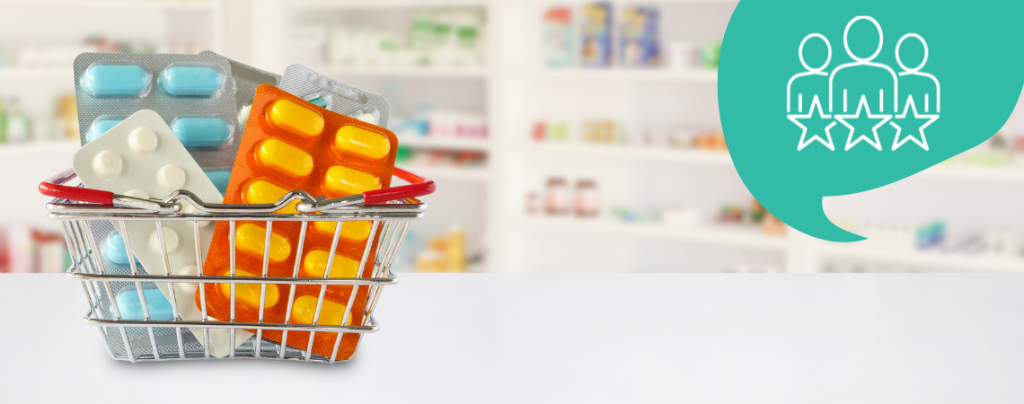 Image of medicines placed in a basket with pharmacy shelves in the background. This visual represents the concept of Bridging Reports in the context of Package Leaflet Readability Tests, which streamline the approval process by comparing similar leaflets to meet EU regulatory requirements, reducing the need for repetitive testing while ensuring patient safety and compliance.