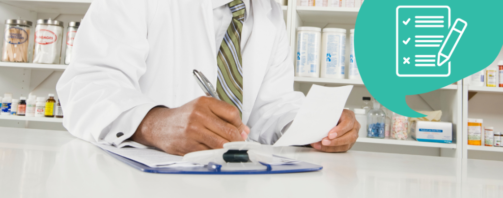 A person carefully reviewing and compiling a Bridging Report with shelves of medications in the background. The Bridging Report involves a detailed comparison of content and layout between 'parent' and 'daughter' package leaflets, ensuring they meet EU guidelines and eliminate the need for separate readability tests. This process helps streamline the approval for Marketing Authorization by demonstrating the legibility and compliance of similar medicinal product leaflets.