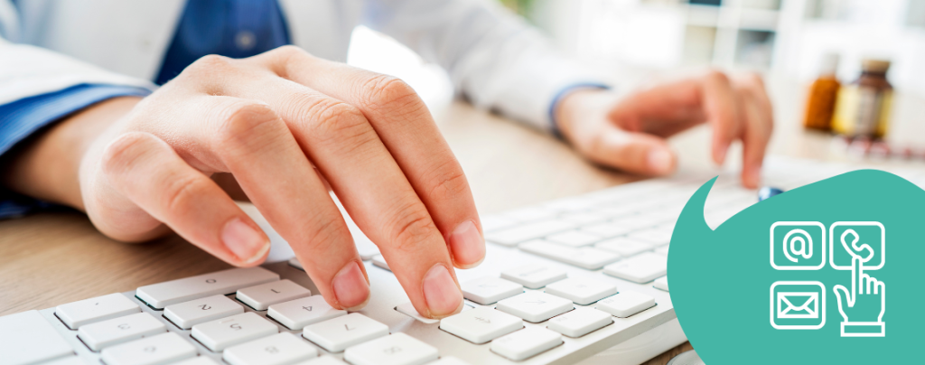 Female hands writing on keyboard, green bubble with contact icon, Case reports handling, Pharmacovigilance activities, ADRs evaluation, MedDRA coding, EudraVigilance monitoring, ICSR reporting