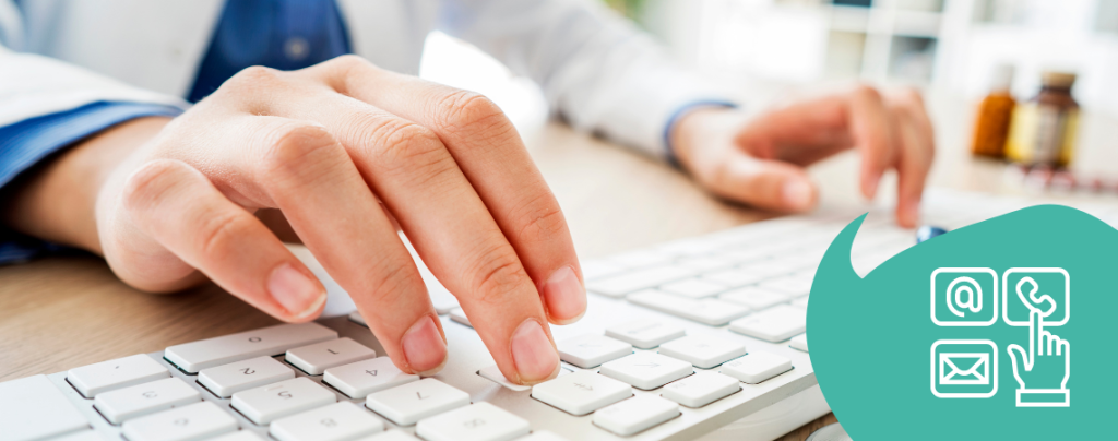 Female hands writing on keyboard, green bubble with contact icon
Case reports handling