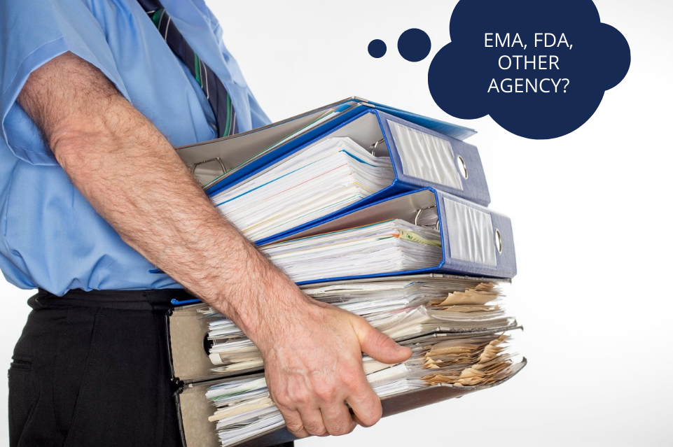 A man in an office holding a heavy stack of binders, symbolizing the vast amount of documentation required for regulatory submissions. He is saying 'EMA, FDA, and other agencies,' representing the key regulatory bodies involved in the approval process of medicinal products. The image emphasizes the complexity and importance of adhering to regulatory standards for successful product registration and marketing authorization.