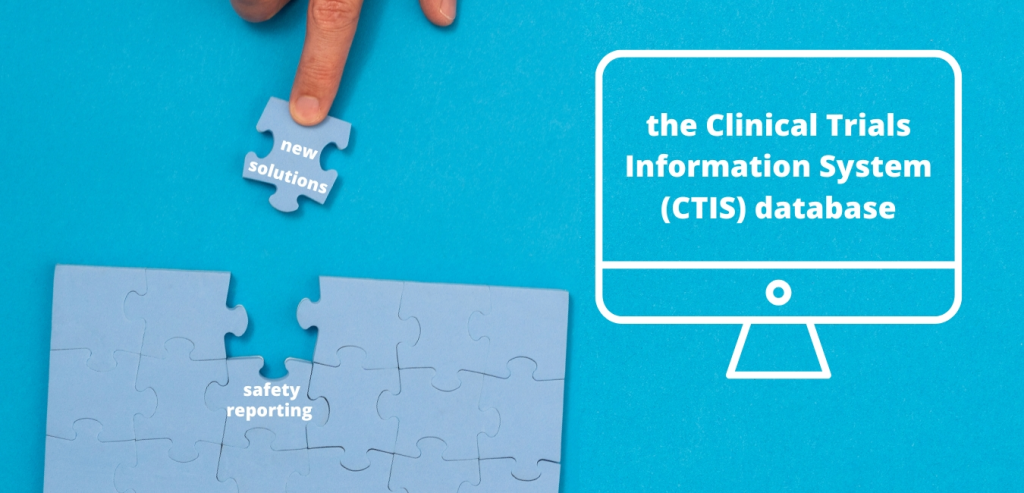 Putting together jigsaw puzzles, one piece of puzzle is a "new solutions" and the other is "security reporting". The CTIS (Clinical Trials Information System) database is displayed on the computer monitor.