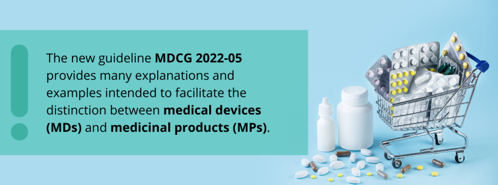 A basket filled with medicinal products, illustrating the distinction between medical devices and drugs under MDCG 2022-05 guidance.