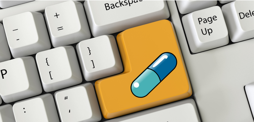 "Close-up of a computer keyboard with a capsule replacing the Enter key, symbolizing the integration of pharmaceutical expertise and precise medical writing services provided by SciencePharma. This image highlights the meticulous attention to detail and high-quality documentation essential for successful medicinal product registration, avoiding common pitfalls and ensuring compliance with regulatory requirements.