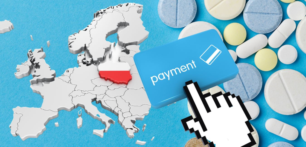 Poland marked on the map of Europe and the cursor pressing the payment button. Various types of pills you can see in the background.
