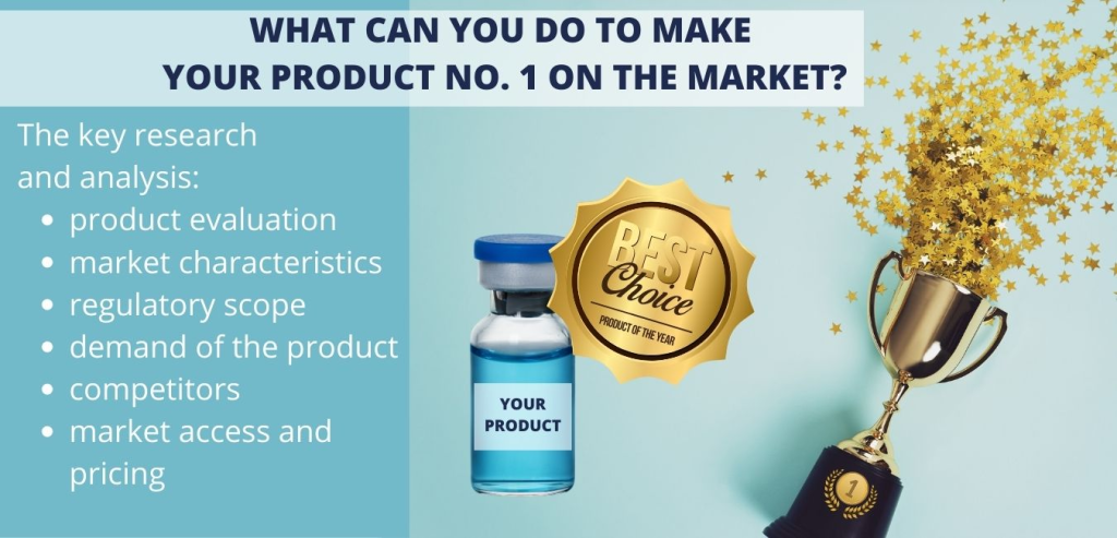 The winning cup and the medical product on a blue background and at the top the inscription "what you can do to make your product no. 1 on the market. The key issues are product evaluation, market characteristics, regulatory scope, demand of the product , competitors, market access and pricing. In the middle of the graphic there is a gold sticker with an inscription "best choice, product of the year"