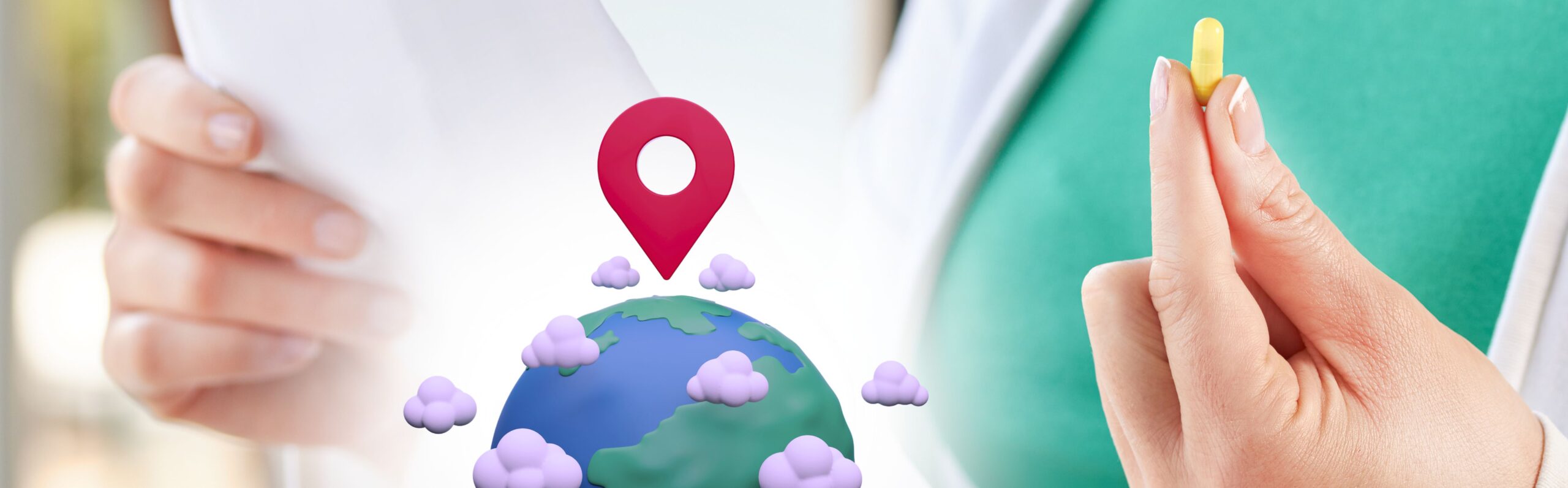 A hand holding a pill and checking a product leaflet, with a globe showing the Local Contact Person for Pharmacovigilance highlighted, checking the safety of drug and regulations in every country