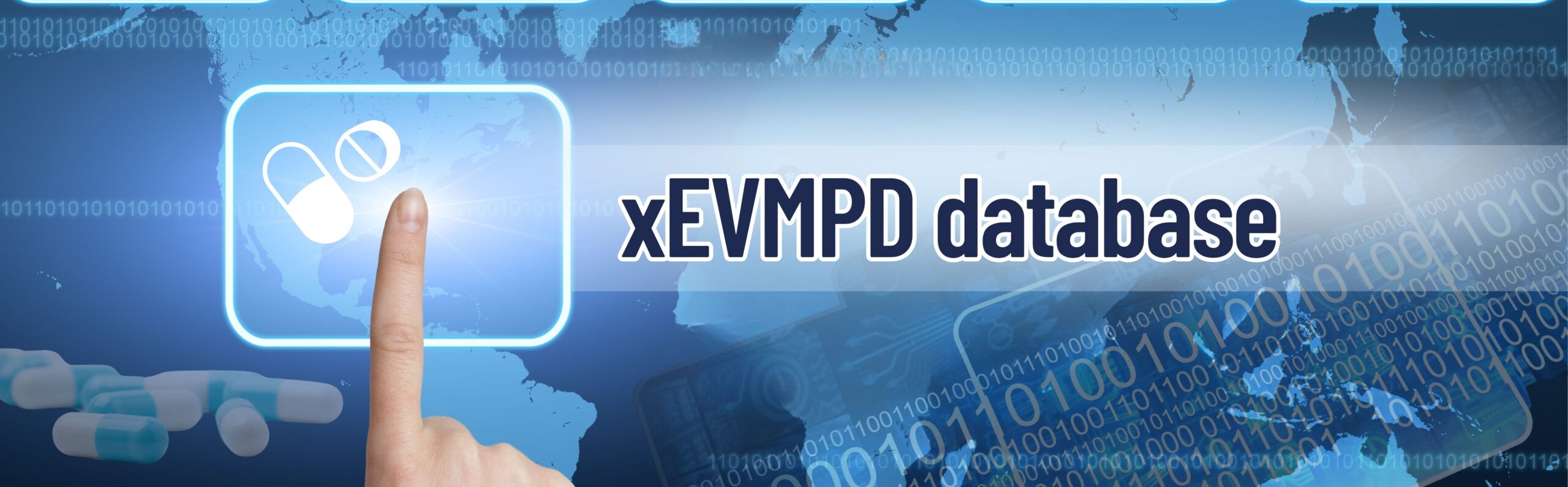 A close-up of a finger pressing a virtual button labeled “xEVMPD database”, with digital data streams and regulatory information in the background. The image symbolizes controlled access, structured submission processes, and expert management of medicinal product data in compliance with EMA Article 57, GVP, and ISO IDMP standards.