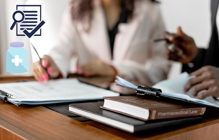 Experts reviewing promotional materials for medicinal products, with Pharmaceutical Law book on the table; pharmaceutical advertising compliance, legal review of drug promotion, regulatory consulting, healthcare marketing verification.