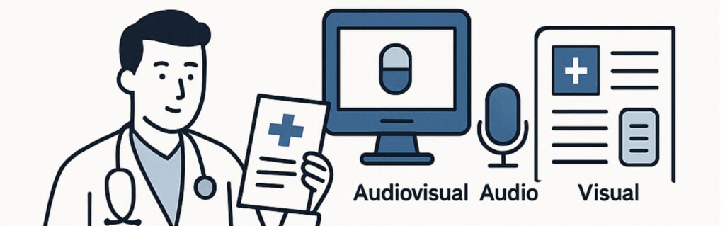 Doctor reviewing promotional materials for medicinal products, including visual, audiovisual, and audio advertising content; pharmaceutical marketing compliance, medicinal product advertisement, regulatory review, legal advertising standards, healthcare professional marketing materials.