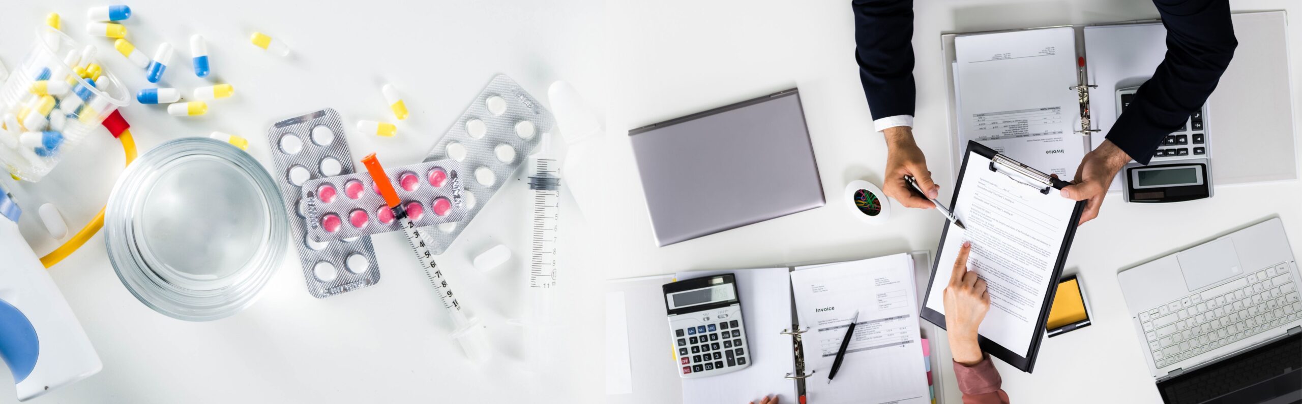 Top view of experts reviewing various pharmaceutical dosage forms and promotional materials; medicinal product advertising compliance, pharmaceutical marketing review, regulatory experts analyzing drug promotion, healthcare product verification.