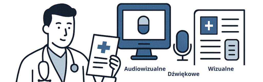 Lekarz przeglądający materiały promocyjne produktów leczniczych, w tym reklamy wizualne, audiowizualne i dźwiękowe; zgodność marketingu farmaceutycznego, reklama produktów leczniczych, przegląd regulacyjny, standardy prawne reklamy, materiały marketingowe dla profesjonalistów ochrony zdrowia. weryfikacja materiałów reklamowych
