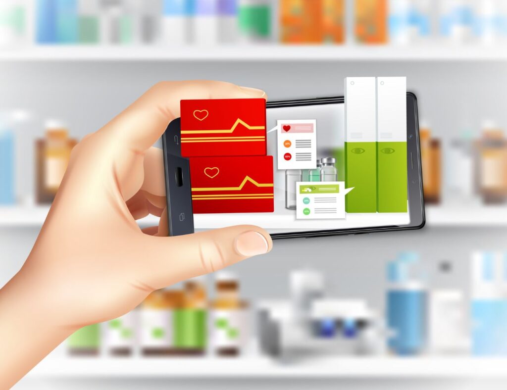 Hand holding smartphone displaying medicinal product advertisement with a pharmacy in the background; digital pharmaceutical marketing, mobile drug promotion, medicinal product advertising compliance, healthcare advertising, pharmacy marketing campaign.
